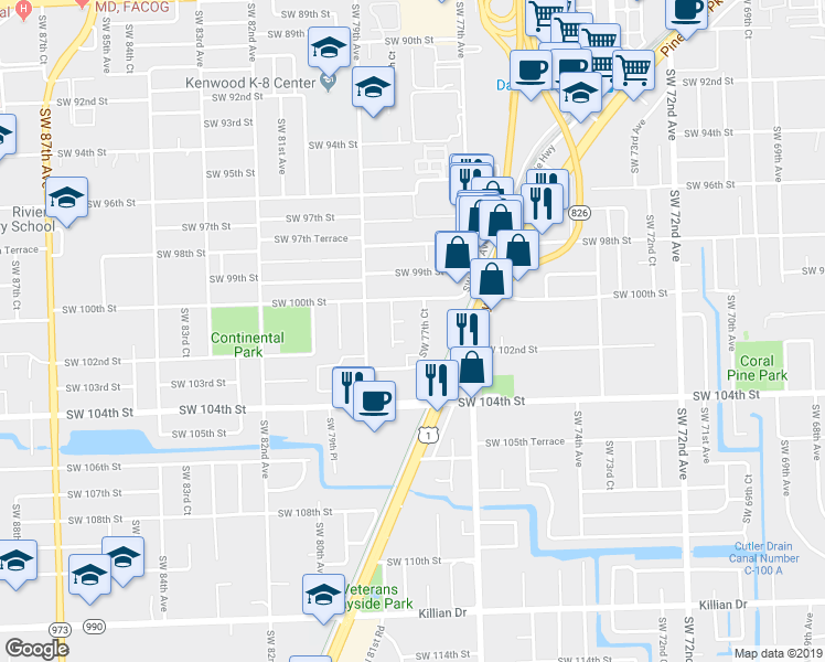 map of restaurants, bars, coffee shops, grocery stores, and more near 10047 Southwest 77th Court in Miami