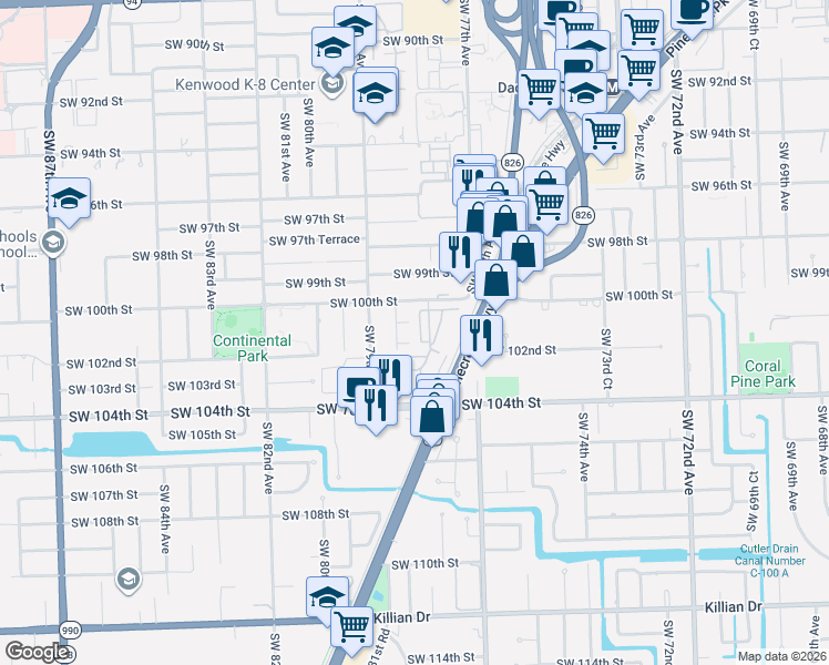 map of restaurants, bars, coffee shops, grocery stores, and more near 10055 Southwest 78th Court in Miami
