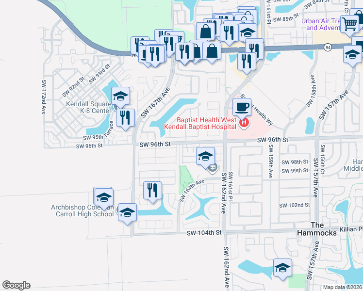 map of restaurants, bars, coffee shops, grocery stores, and more near 16412 Southwest 95th Lane in Miami