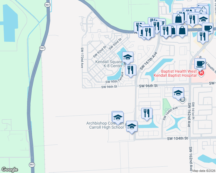 map of restaurants, bars, coffee shops, grocery stores, and more near 17020 Southwest 95th Terrace in Miami