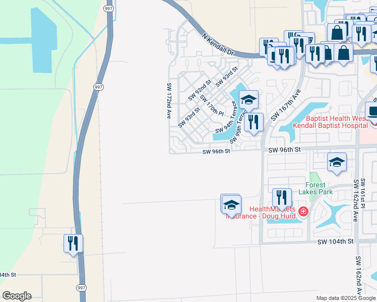 map of restaurants, bars, coffee shops, grocery stores, and more near 9465 Southwest 171st Place in The Hammocks