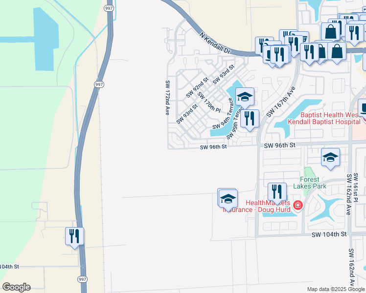 map of restaurants, bars, coffee shops, grocery stores, and more near 9465 Southwest 171st Place in The Hammocks