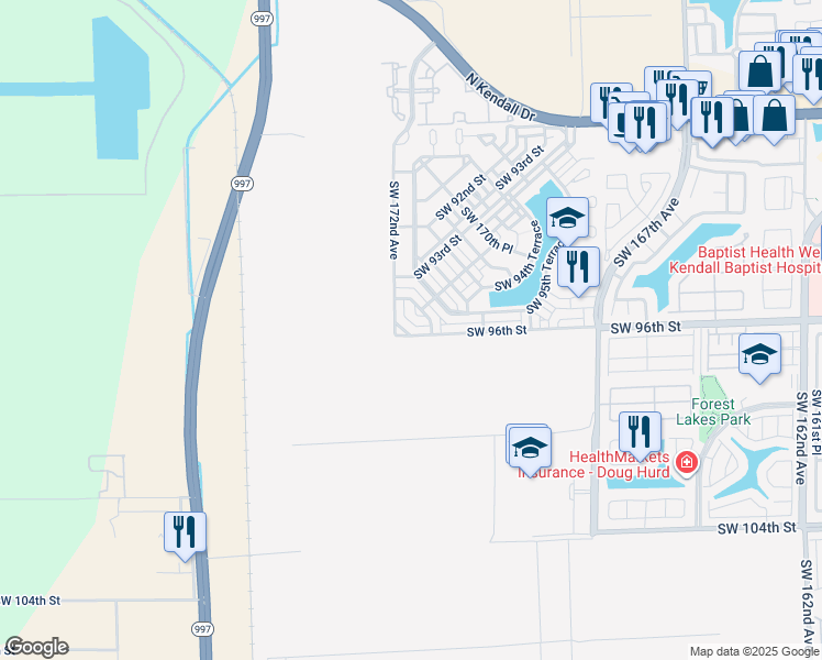 map of restaurants, bars, coffee shops, grocery stores, and more near 9451 Southwest 172nd Avenue in Miami