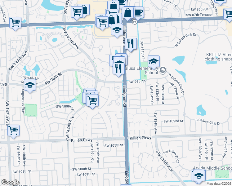 map of restaurants, bars, coffee shops, grocery stores, and more near 9628 Southwest 138th Avenue in Miami