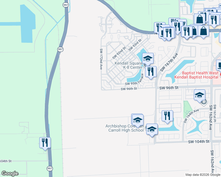 map of restaurants, bars, coffee shops, grocery stores, and more near 9465 Southwest 171st Place in The Hammocks