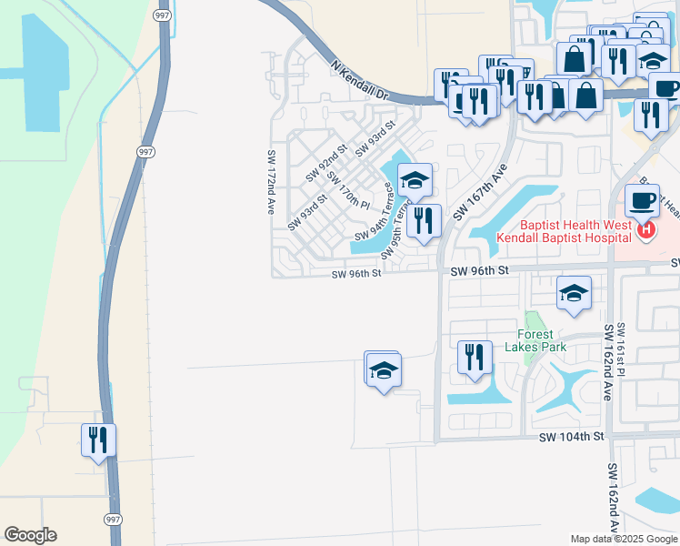 map of restaurants, bars, coffee shops, grocery stores, and more near 17094 Southwest 95th Terrace in Miami