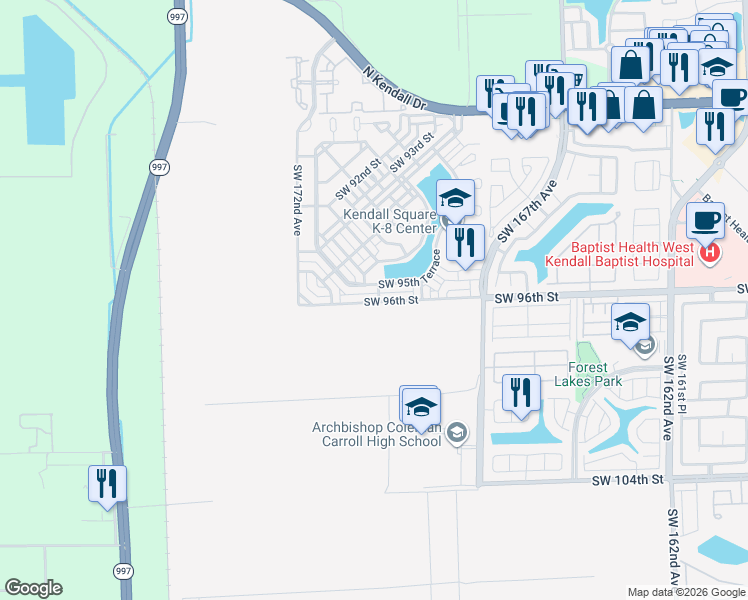 map of restaurants, bars, coffee shops, grocery stores, and more near 17075 Southwest 96th Street in Miami