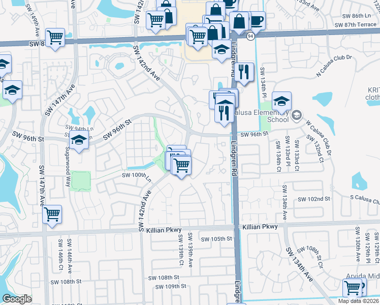 map of restaurants, bars, coffee shops, grocery stores, and more near 9601 Southwest 142nd Avenue in Miami
