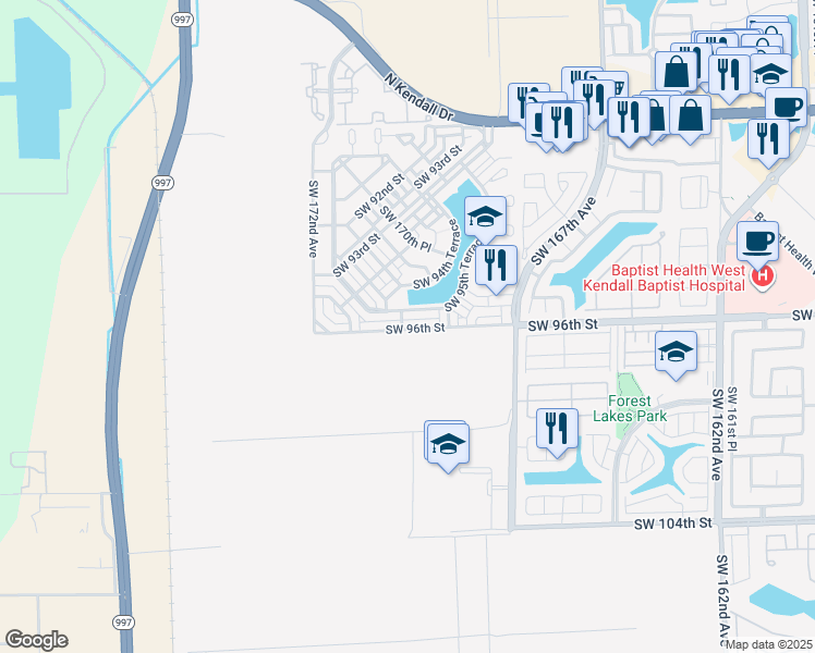map of restaurants, bars, coffee shops, grocery stores, and more near 17020 Southwest 95th Terrace in Miami