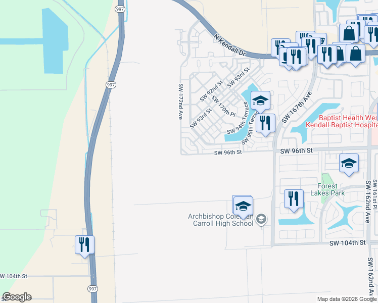 map of restaurants, bars, coffee shops, grocery stores, and more near 9451 Southwest 172nd Avenue in Miami