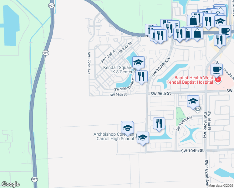 map of restaurants, bars, coffee shops, grocery stores, and more near 17020 Southwest 95th Terrace in Miami