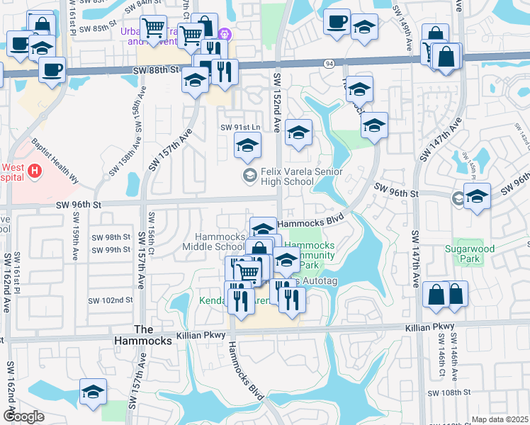 map of restaurants, bars, coffee shops, grocery stores, and more near 9650 Southwest 152nd Avenue in Miami
