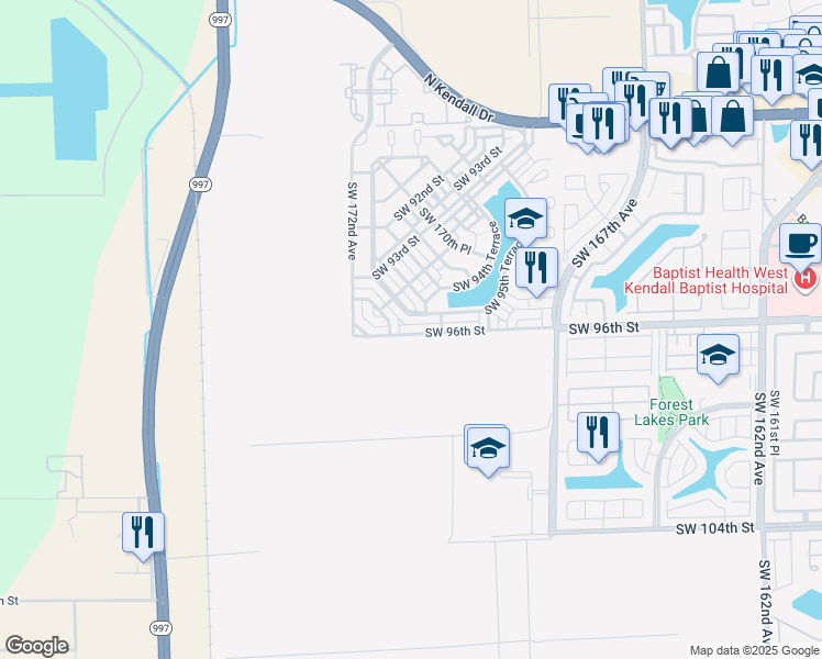 map of restaurants, bars, coffee shops, grocery stores, and more near 17094 Southwest 95th Terrace in Miami