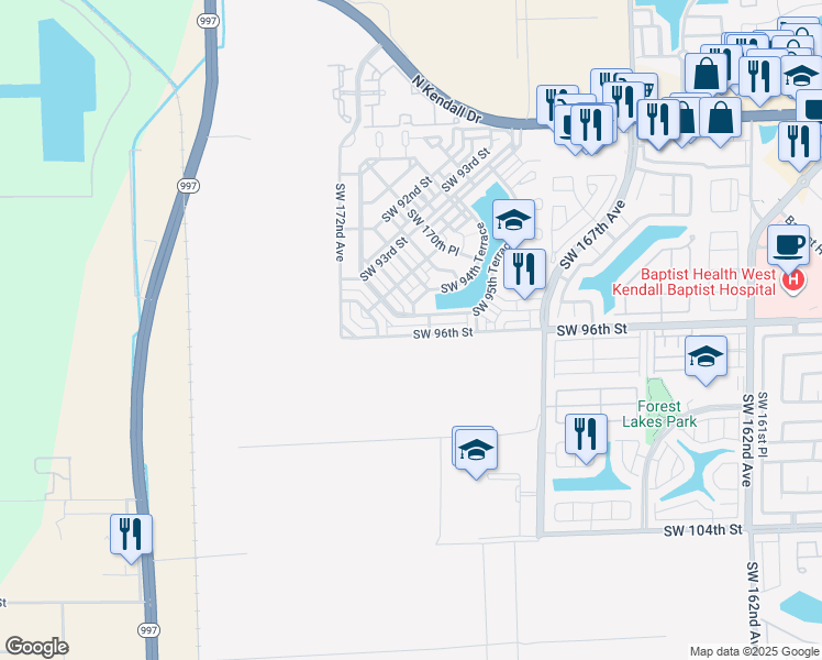 map of restaurants, bars, coffee shops, grocery stores, and more near 17094 Southwest 95th Terrace in Miami