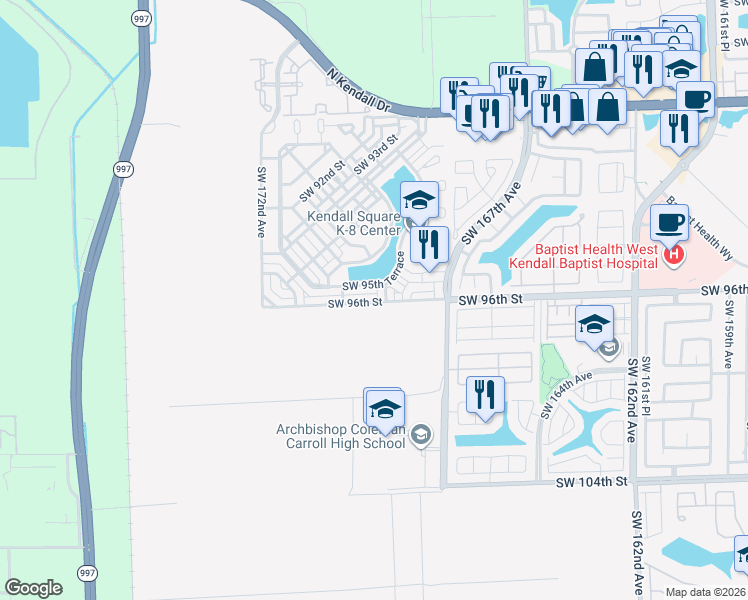 map of restaurants, bars, coffee shops, grocery stores, and more near 17020 Southwest 95th Terrace in Miami
