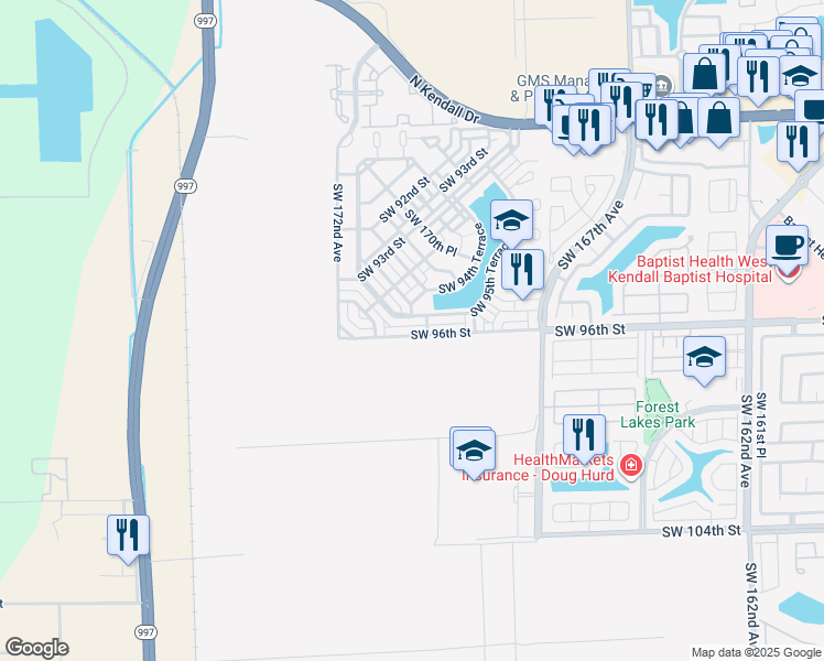 map of restaurants, bars, coffee shops, grocery stores, and more near 17094 Southwest 95th Terrace in Miami