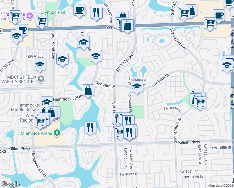 map of restaurants, bars, coffee shops, grocery stores, and more near 9657 Southwest 147th Court in Miami