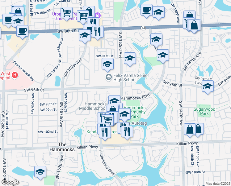 map of restaurants, bars, coffee shops, grocery stores, and more near 9650 Southwest 152nd Avenue in Miami
