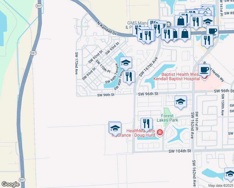 map of restaurants, bars, coffee shops, grocery stores, and more near 16830 Southwest 95th Street in Miami
