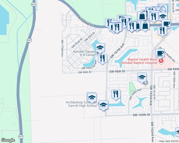 map of restaurants, bars, coffee shops, grocery stores, and more near 17020 Southwest 95th Terrace in Miami
