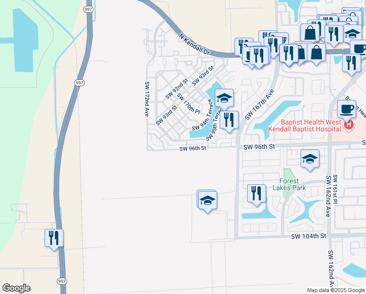map of restaurants, bars, coffee shops, grocery stores, and more near 17094 Southwest 95th Terrace in Miami
