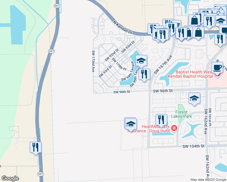 map of restaurants, bars, coffee shops, grocery stores, and more near 17094 Southwest 95th Terrace in Miami