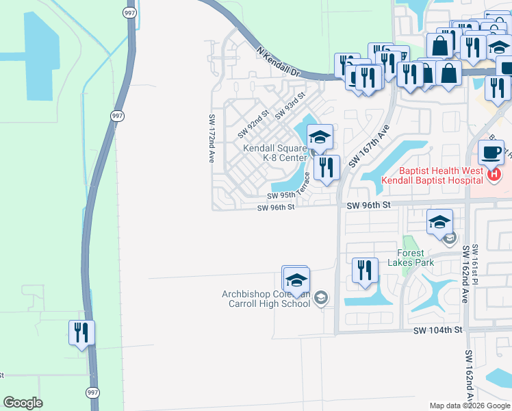 map of restaurants, bars, coffee shops, grocery stores, and more near 17094 Southwest 95th Terrace in Miami