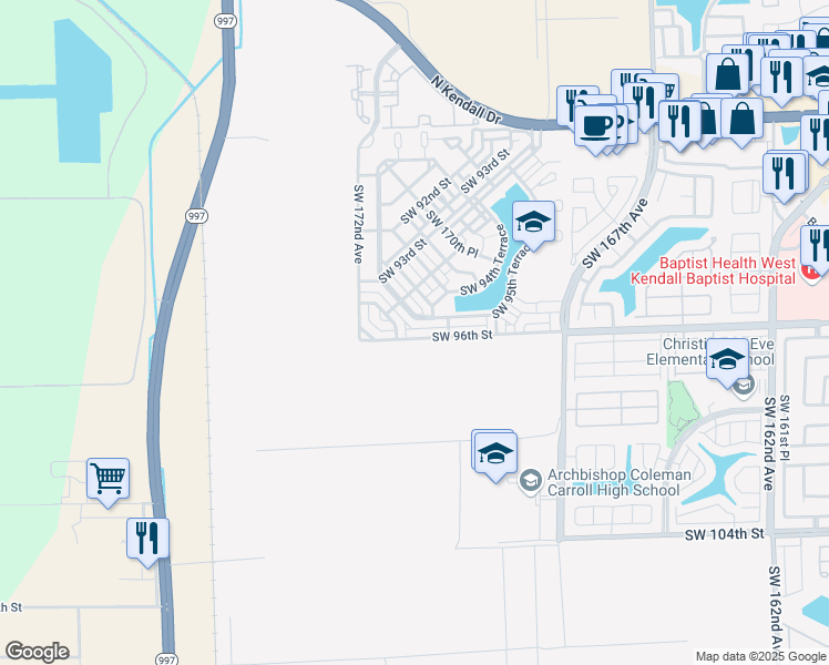 map of restaurants, bars, coffee shops, grocery stores, and more near 9465 Southwest 171st Place in The Hammocks