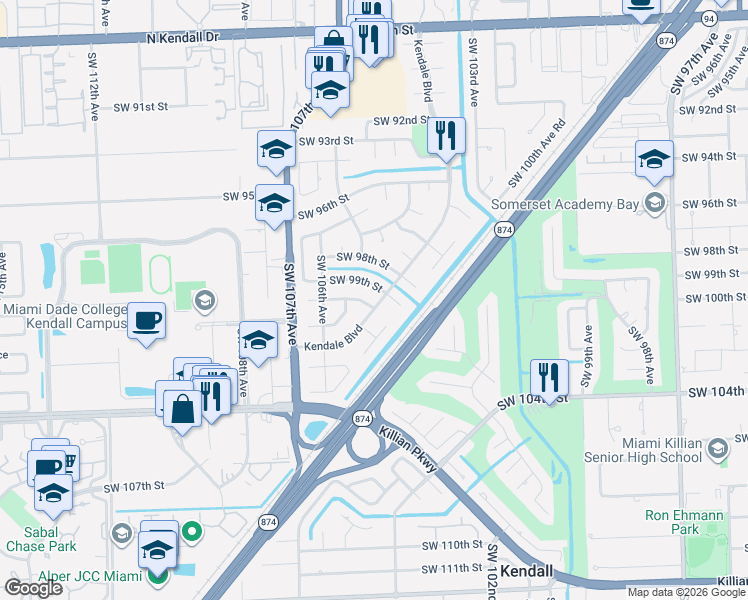 map of restaurants, bars, coffee shops, grocery stores, and more near 10401 Southwest 99th Street in Miami