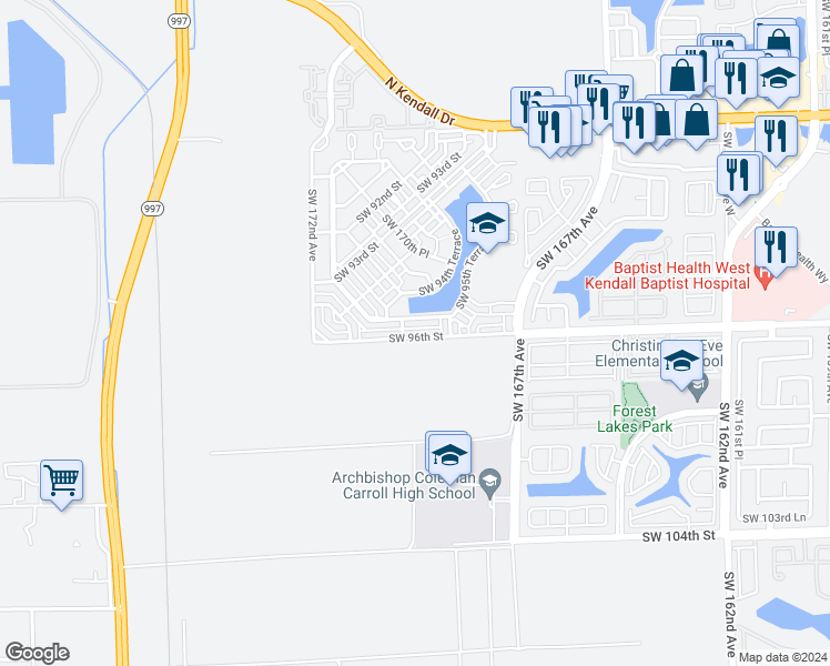 map of restaurants, bars, coffee shops, grocery stores, and more near 17051 Southwest 96th Street in Miami