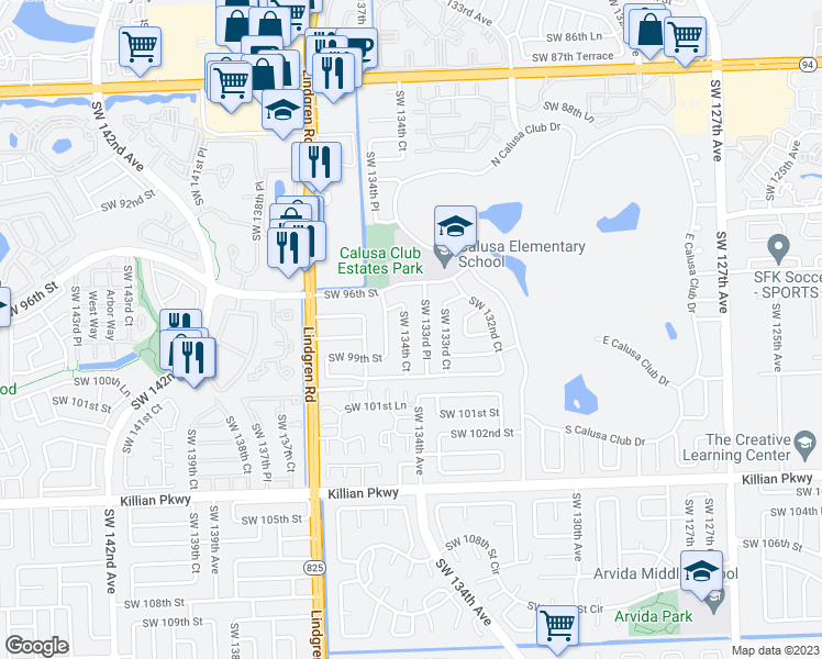 map of restaurants, bars, coffee shops, grocery stores, and more near 9715 Southwest 134th Court in Miami