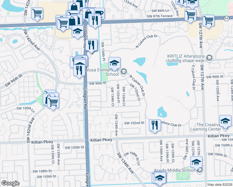 map of restaurants, bars, coffee shops, grocery stores, and more near 9732 Southwest 133rd Place in Miami