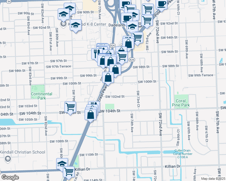 map of restaurants, bars, coffee shops, grocery stores, and more near 10125 Southwest 75th Place in Miami