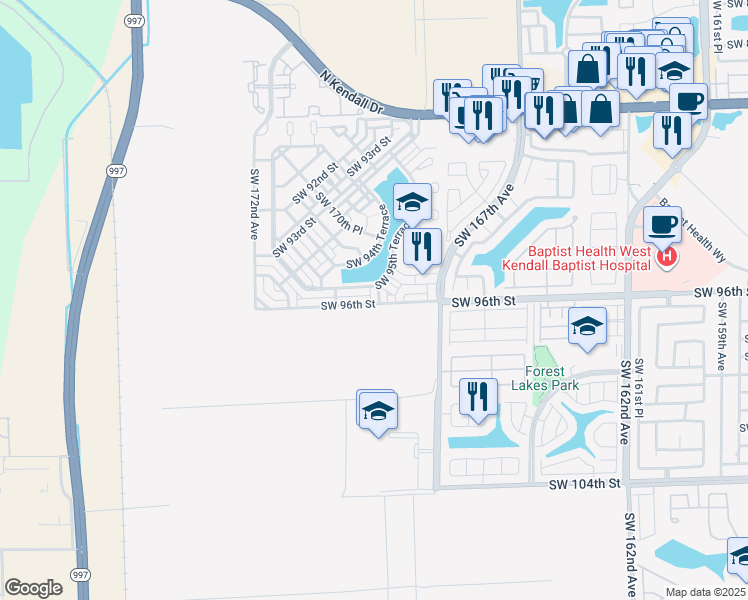 map of restaurants, bars, coffee shops, grocery stores, and more near 17020 Southwest 95th Terrace in Miami