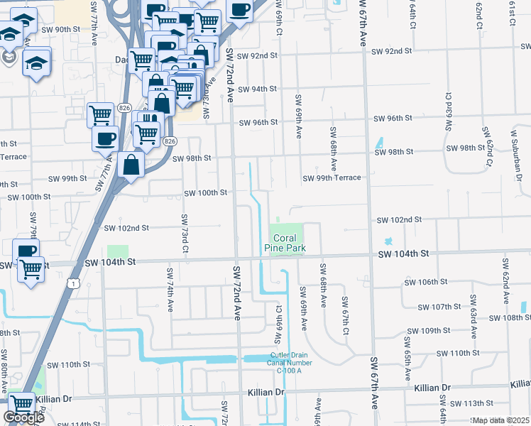 map of restaurants, bars, coffee shops, grocery stores, and more near 10095 Southwest 70th Avenue in Pinecrest