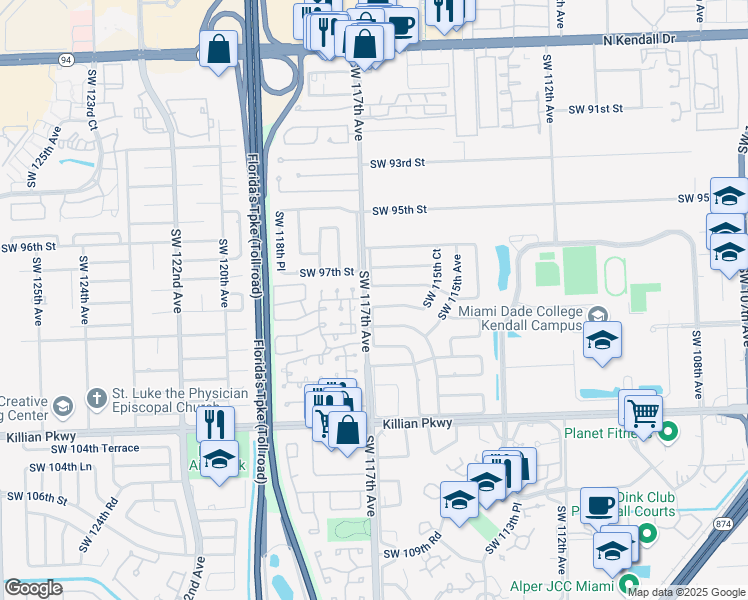 map of restaurants, bars, coffee shops, grocery stores, and more near 11620 Southwest 98th Street in Miami
