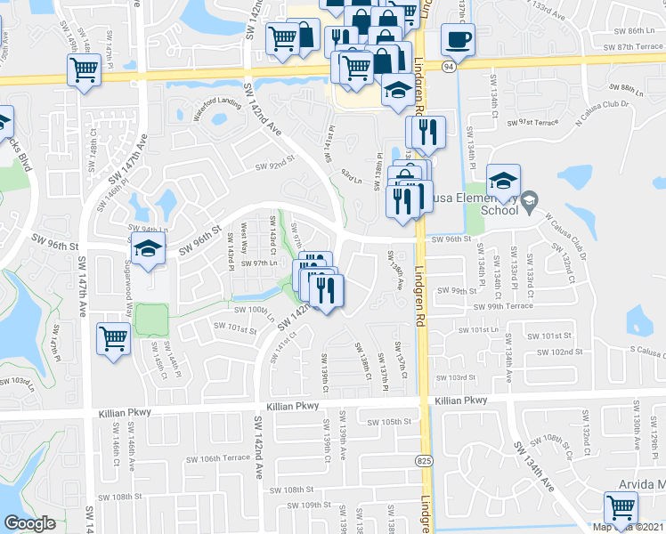 map of restaurants, bars, coffee shops, grocery stores, and more near 9645 Southwest 142nd Court in Miami