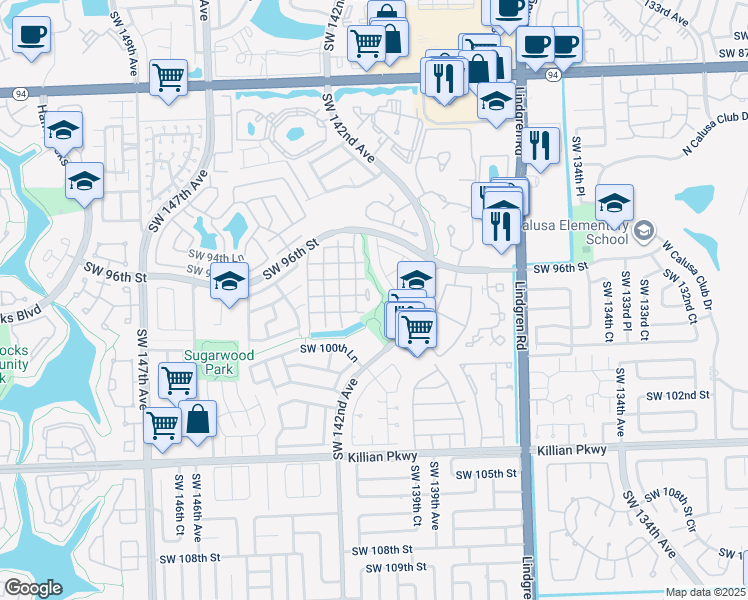 map of restaurants, bars, coffee shops, grocery stores, and more near 14234 Southwest 97th Terrace in Miami