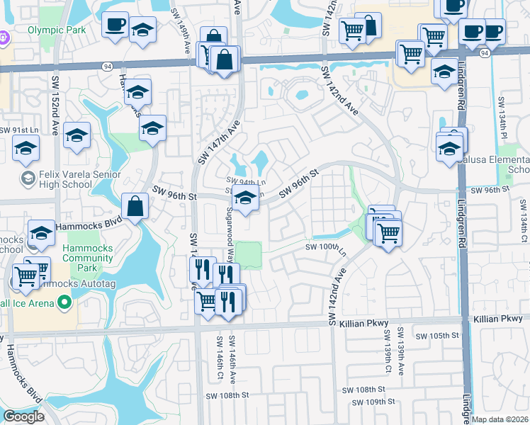 map of restaurants, bars, coffee shops, grocery stores, and more near 9612 Southwest 145th Place in Miami