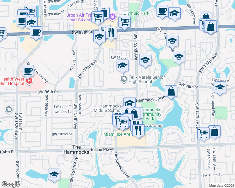 map of restaurants, bars, coffee shops, grocery stores, and more near 9704 Hammocks Boulevard in Miami