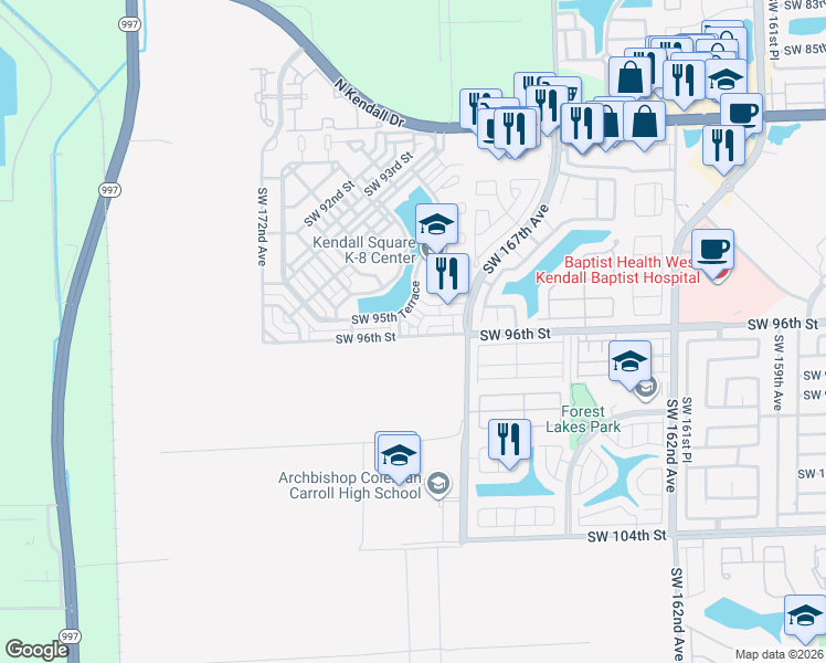 map of restaurants, bars, coffee shops, grocery stores, and more near 16830 Southwest 95th Street in Miami