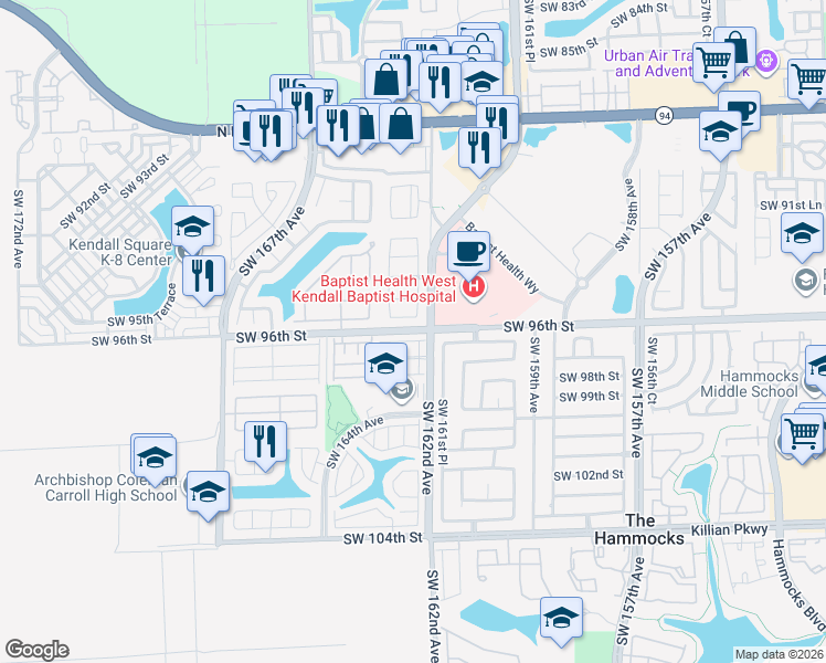 map of restaurants, bars, coffee shops, grocery stores, and more near 16032 Southwest 96th Street in Miami