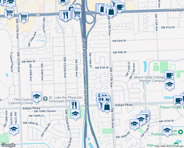 map of restaurants, bars, coffee shops, grocery stores, and more near 11874 Southwest 97th Terrace in Miami