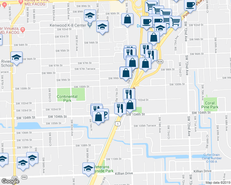 map of restaurants, bars, coffee shops, grocery stores, and more near 10047 Southwest 77th Court in Miami