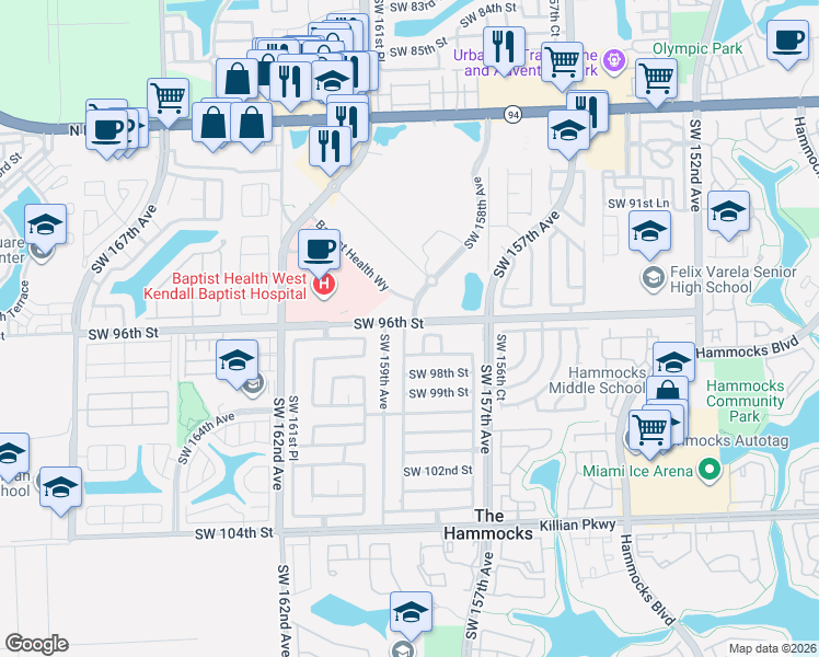 map of restaurants, bars, coffee shops, grocery stores, and more near 9603 Southwest 158th Court in Miami
