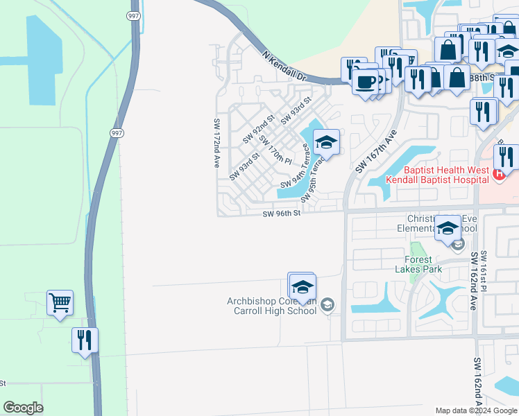 map of restaurants, bars, coffee shops, grocery stores, and more near 17094 Southwest 95th Terrace in Miami