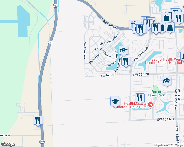 map of restaurants, bars, coffee shops, grocery stores, and more near 9465 Southwest 171st Place in The Hammocks