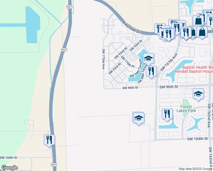 map of restaurants, bars, coffee shops, grocery stores, and more near 9451 Southwest 172nd Avenue in Miami