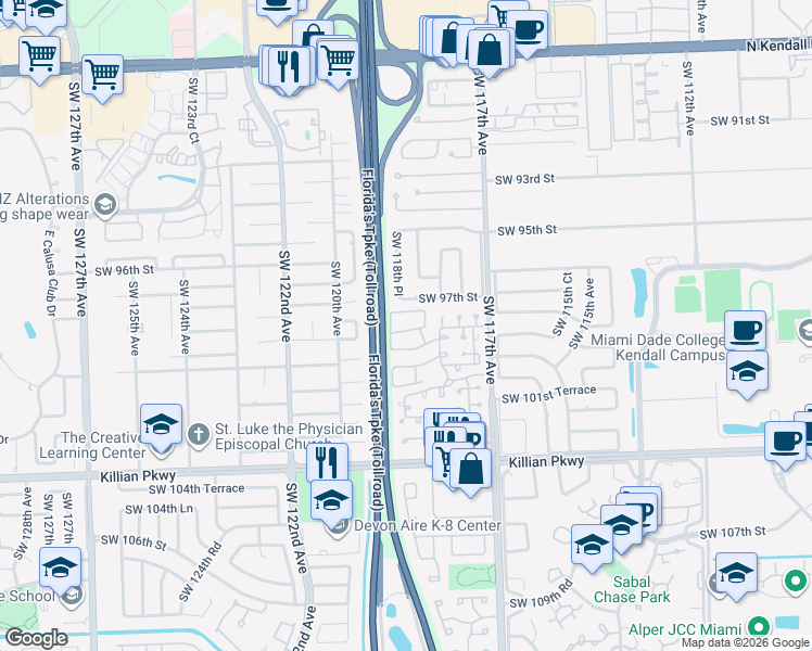 map of restaurants, bars, coffee shops, grocery stores, and more near 11874 Southwest 97th Terrace in Miami