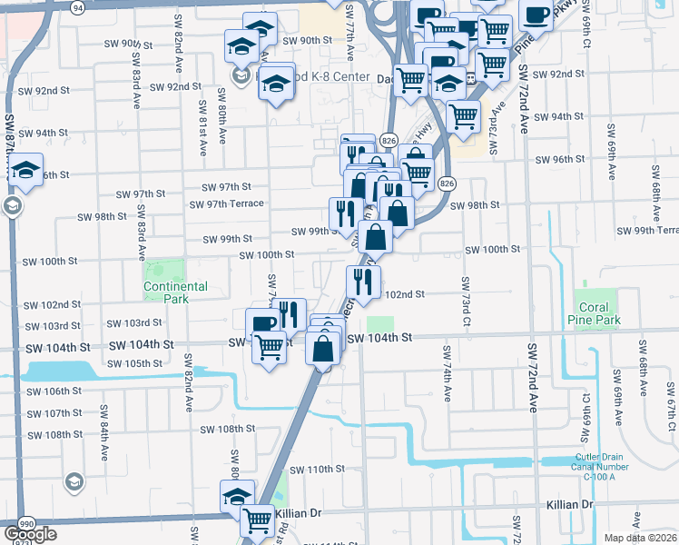 map of restaurants, bars, coffee shops, grocery stores, and more near 10101 Southwest 77th Court in Miami